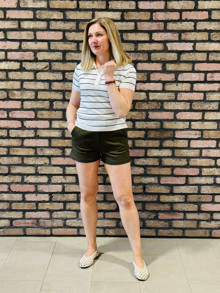 Striped Polo Knit Top - Cream/Navy