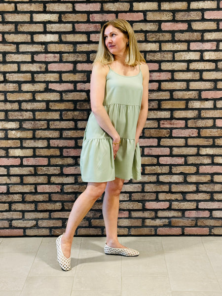Tiered Spaghetti Straps Dress - Sage