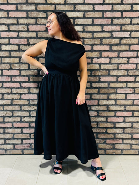 Asymmetrical Neckline A-line Dress - Black