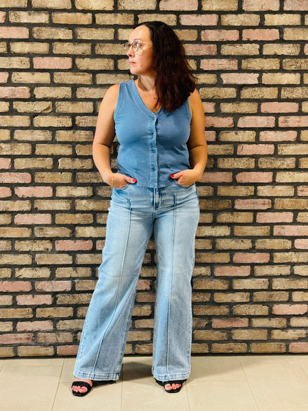 Side Slits Washed Vest Top - Dark Denim