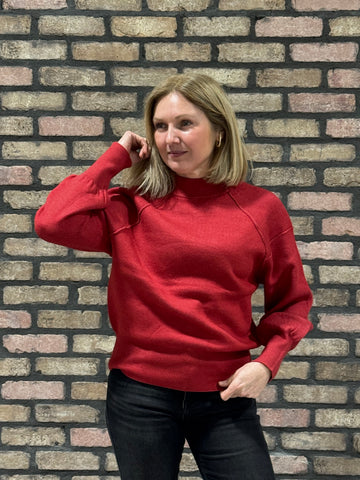 Mock Neck Exposed Seam Sweater - H Red