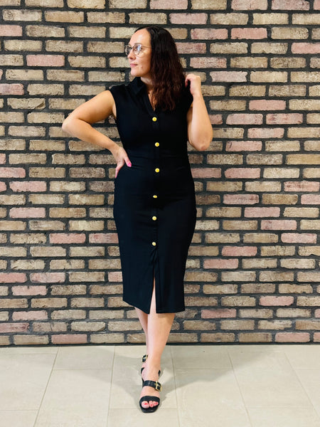 Button Shirt Midi Dress - Black