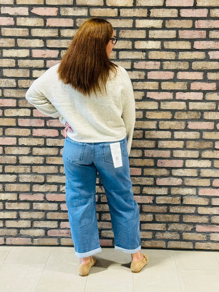 Slouchy Crop Barrel Textured Jeans - Medium Wash