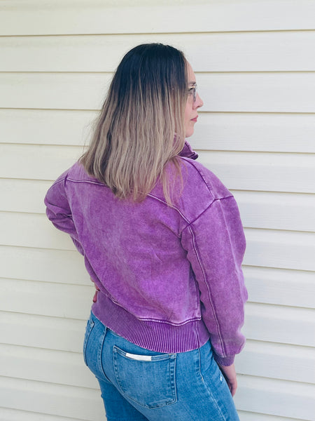 Acid Wash Half Zip Pullover - LT Plum