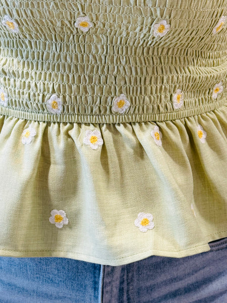 Daisy Embroidery Smocked Top - Light Olive
