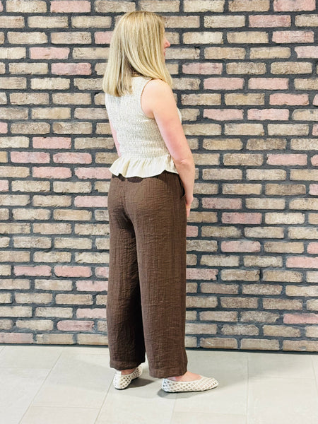 Elastic Waist Textured Pants - Brown