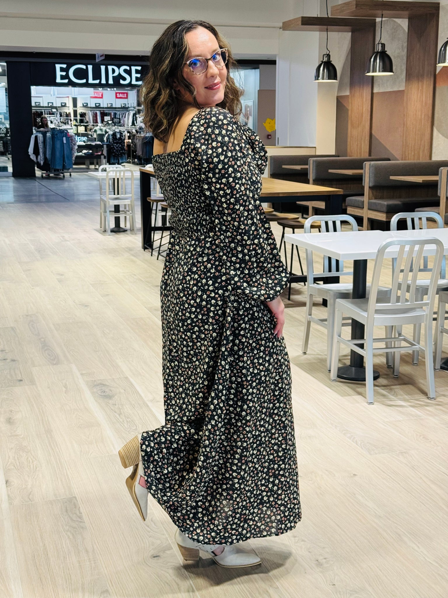 Floral Print Smocking Back Dress - Black