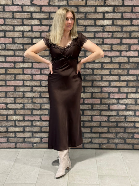 Satin Lace Trim Midi Dress - Chocolate