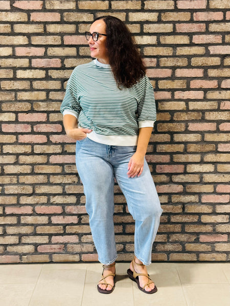 Striped Contrast Trim Top - Hunter Green