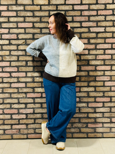 Colourblock Front Seam Sweater - Grey Multi