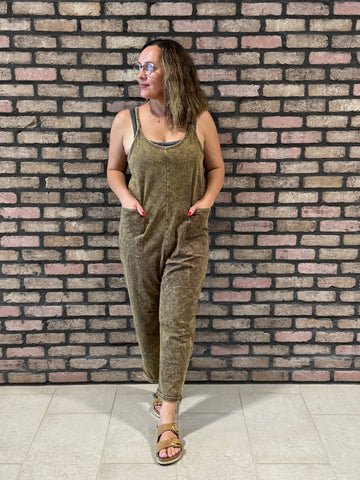 Washed Overalls with Pockets - Mahogany