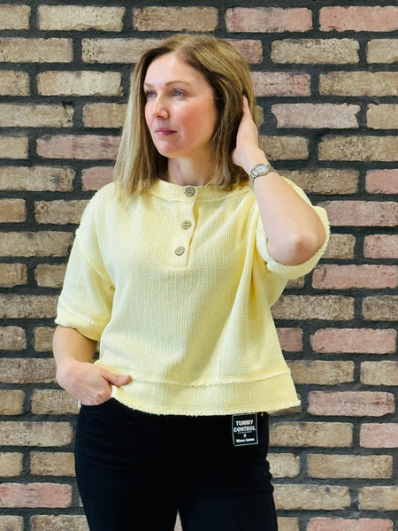 Raw Edge Henley Knit Top - Light Yellow
