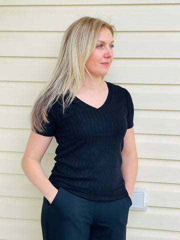 Ribbed V-Neck Top - Black