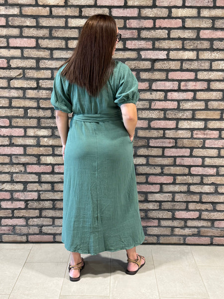 Gauze Henley Midi Dress - Hunter Green