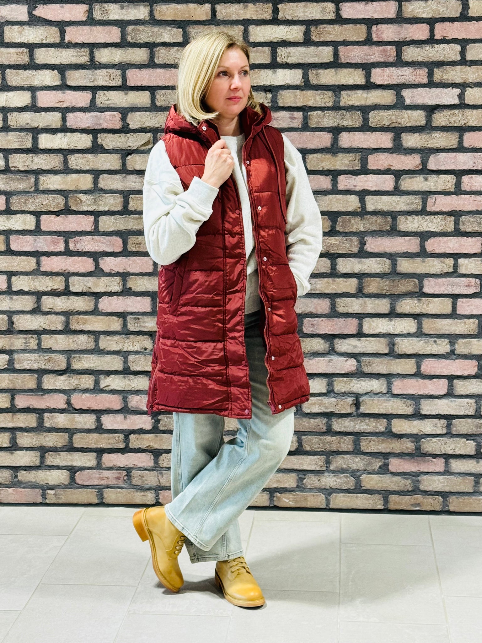 Long Puffer Vest - Brick