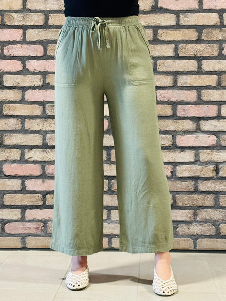 Wide Leg Linen Blend Pants - LT Olive