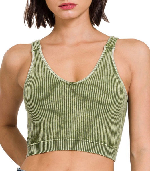 Ribbed Bra Padded Tank Top - Ash Olive
