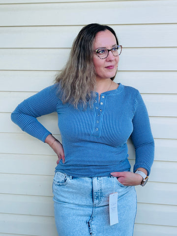 Wavy Corded Rib Top - Dusty Blue