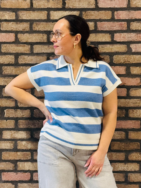 Striped Collared Pullover - H Navy