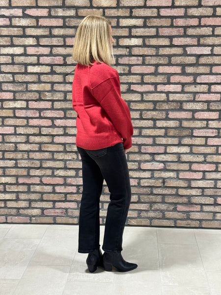 Mock Neck Exposed Seam Sweater - H Red