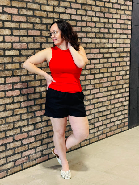 Linen Elastic Waist Shorts - Black