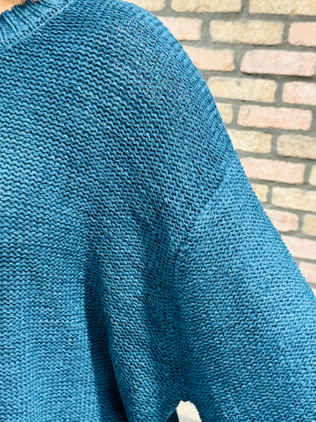 Oversized Balloon Sleeves Sweater - Teal Navy