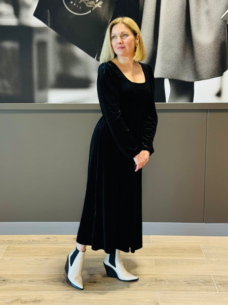 Velvet Smocked Midi Dress - Black