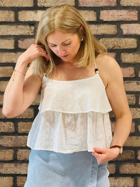 Tiered Floral Eyelet Top - White