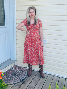 Floral Print Midi Dress - Brick