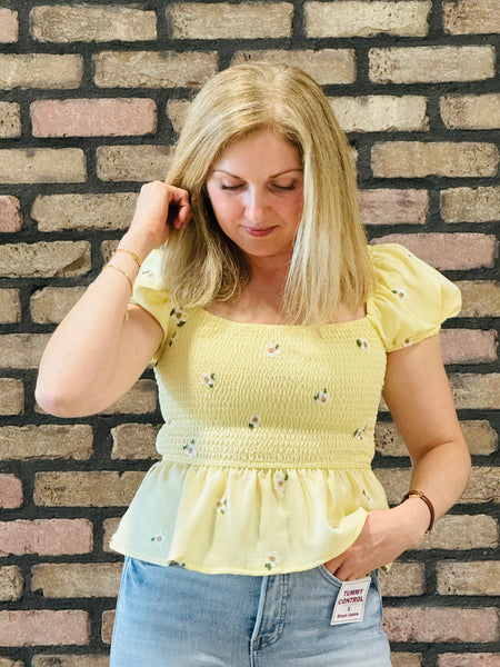 Floral Embroidery Smocked Peplum Top - Butter Yellow