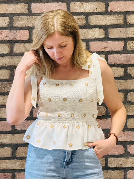 Daisy Embroidery Smocked Top - Ivory