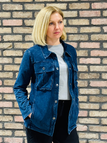 Cotton Blend Mineral Wash Shacket - Denim