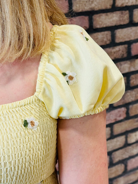 Floral Embroidery Smocked Peplum Top - Butter Yellow