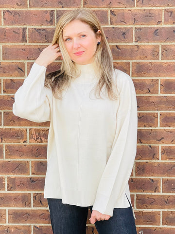 Mock Neck Front Seam Pullover - Cream