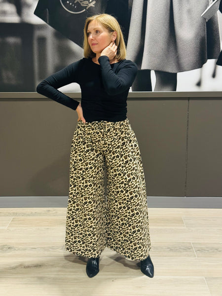 Leopard Print Wide Leg Pants - Leopard