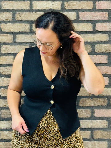 Gold Buttons Knit Vest - Black