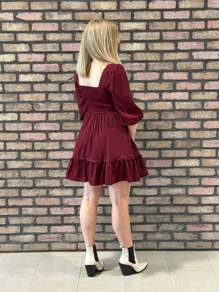 Lace Trim Square Neck Dress - Burgundy