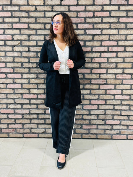Open Front Faux Suede Jacket - Black