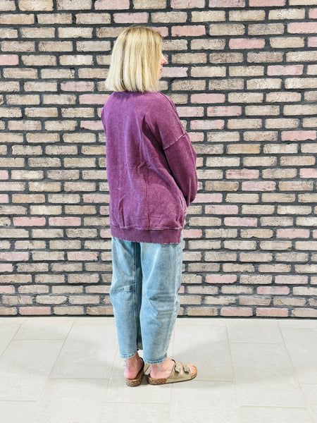 Acid Wash Fleece Pullover - Eggplant