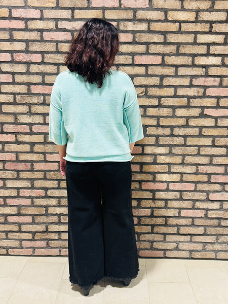 3/4 Sleeves Boxy Sweater - Mint