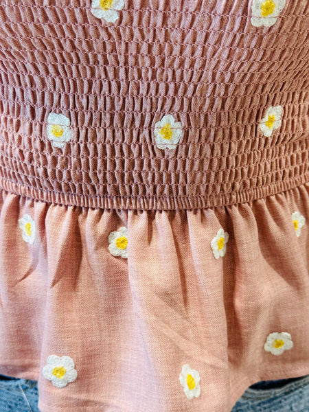 Daisy Embroidery Smocked Top - Dusty Pink