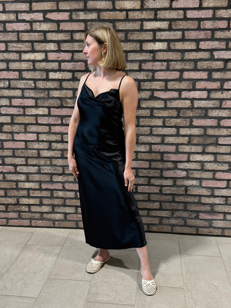Satin Cowl Neck Midi Dress - Black