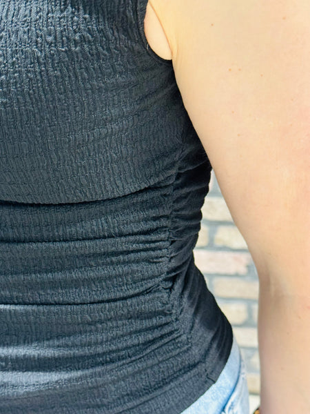 Ruched Side Textured Top - Black