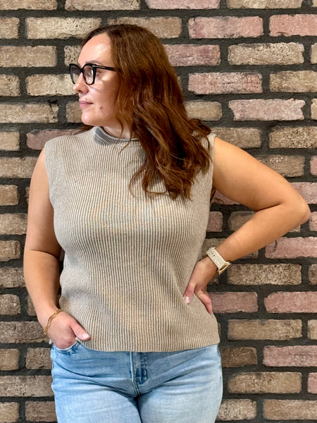Raw Mock Neck Sweater Top - Khaki