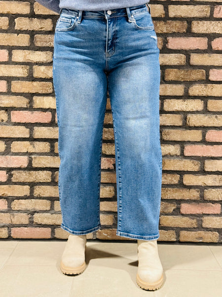 High Rise Crop Barrel Jeans - Medium Wash