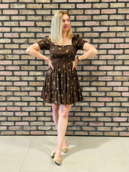 Floral Tiered Mini Dress - Brown Multi
