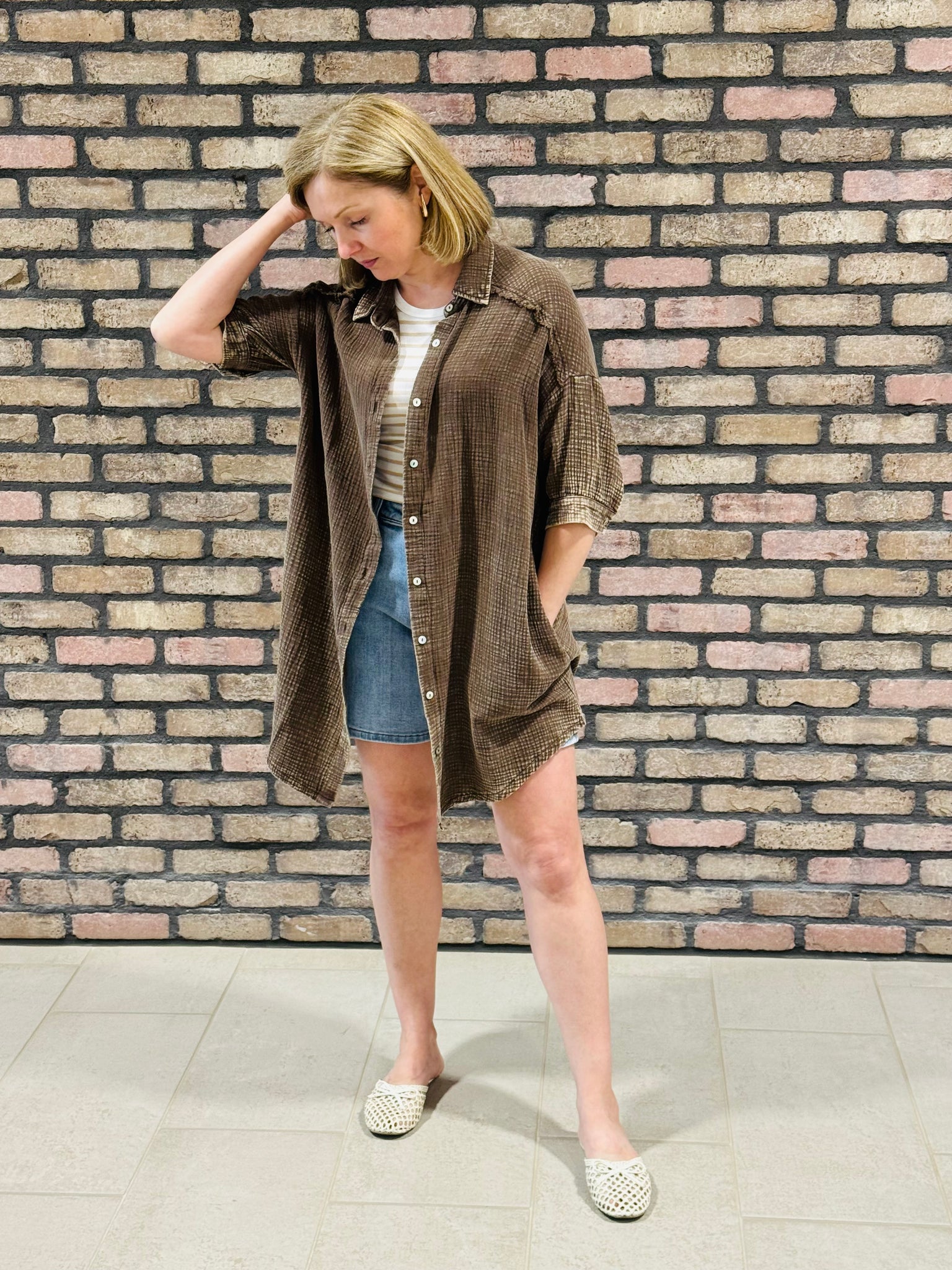 Gauze Shirt Dress - Brown