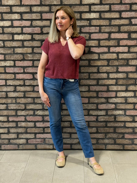Split Neckline Drop Shoulder Top - Maroon