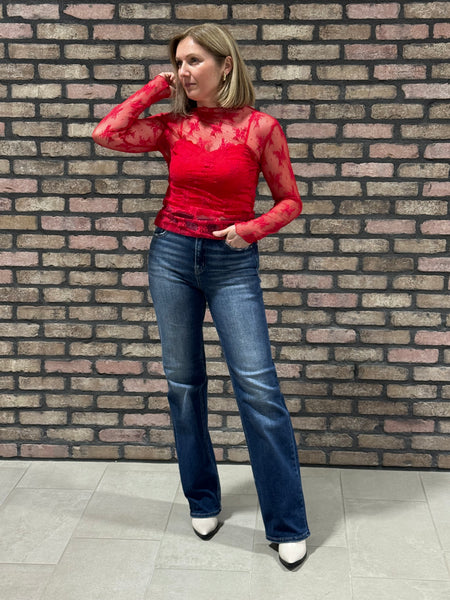 Lace See-Through Top - Red