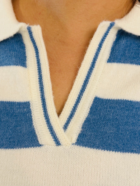 Striped Collared Pullover - H Navy